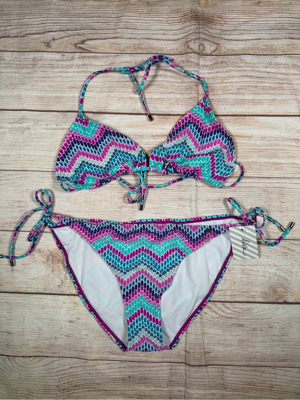 NWT Triangle Tie-Side Bikini Set in Teal‎ & Purple Chevron